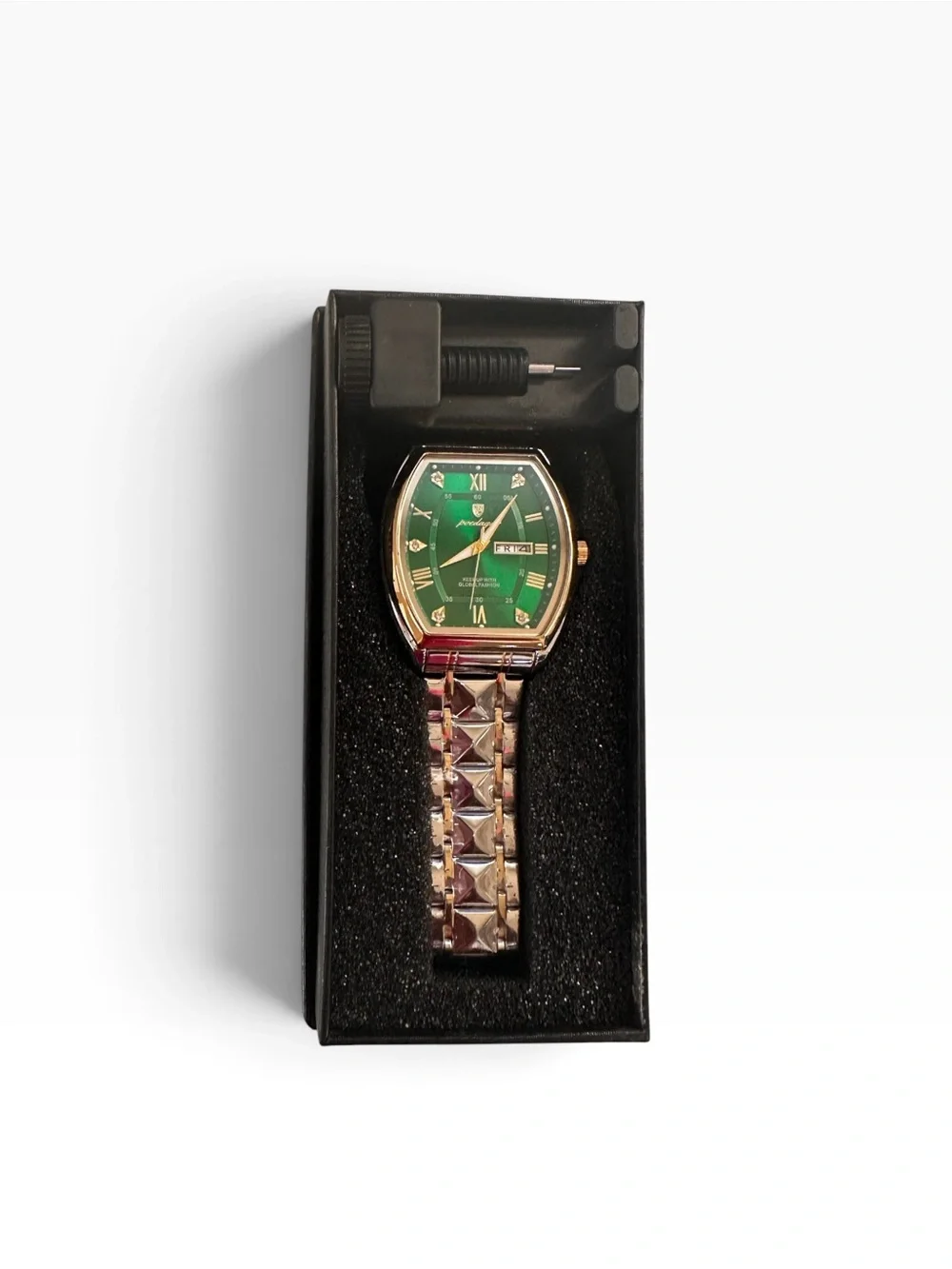 POEDAGAR Men’s Rose Gold Green Dial Day Date Quartz Watch